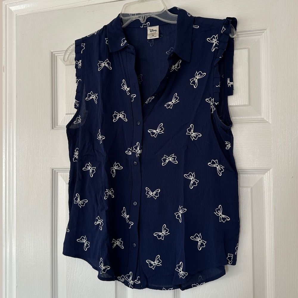 Disney Lauren Conrad Sleeveless Blouse Medium Navy Minnie Bows Button Up